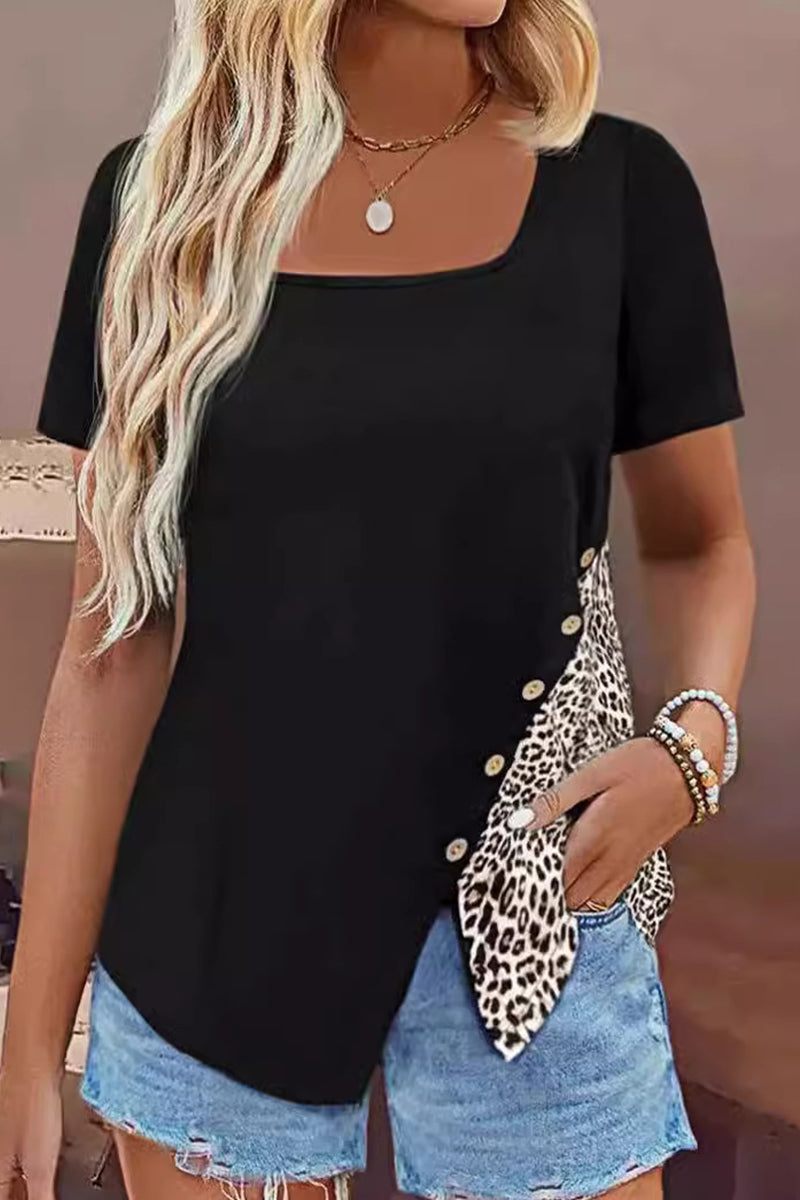MW | Casual Leopard Patchwork Knöpfe Quadrat Kragen T-Shirts