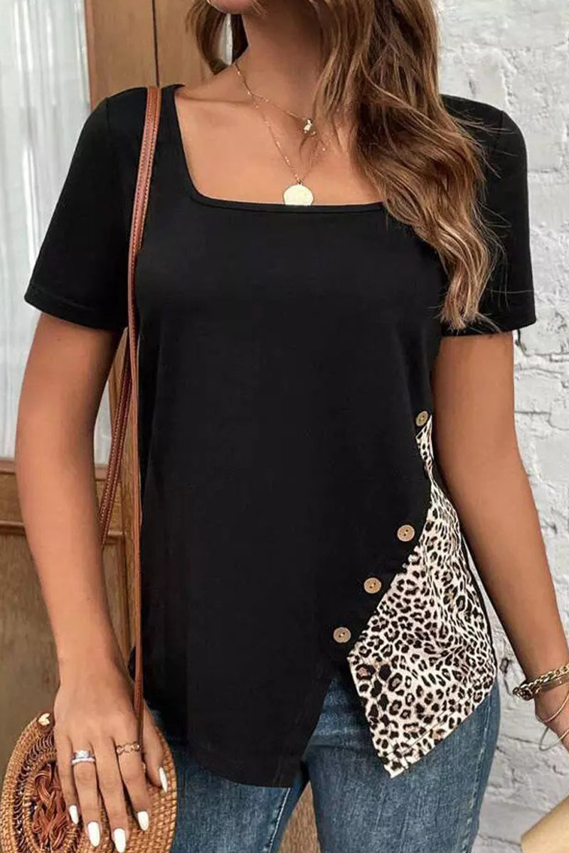 MW | Casual Leopard Patchwork Knöpfe Quadrat Kragen T-Shirts
