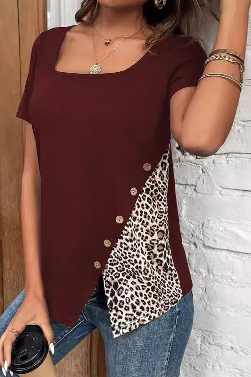 MW | Casual Leopard Patchwork Knöpfe Quadrat Kragen T-Shirts