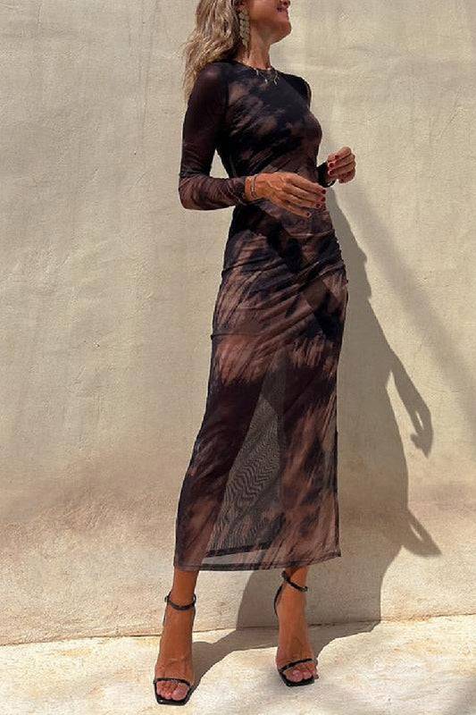 MW | Charm Lady Mesh Overlay Tie Dye Print Langarm geraffte Stretch Midi Kleid