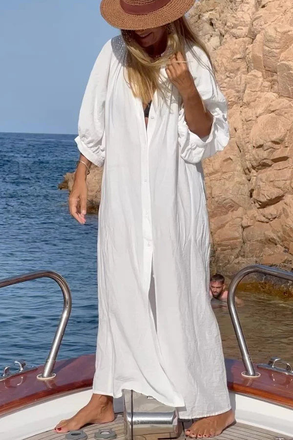 MW | Take A Relax Ballonärmel Knopfleiste lockeres Shirt Maxikleid