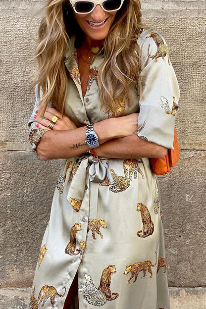 MW | Jetzt Trending Tiger Print Satin Shirt Maxikleid