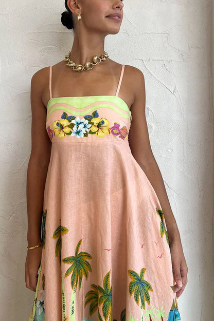 MW | Coconut Scenery Leinenmischung Tropical Print Smocked Back Midi Kleid
