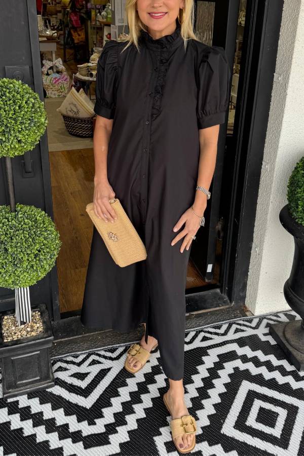 MW | Women's Solid Puff Sleeve Button-Up Shirt Kleid