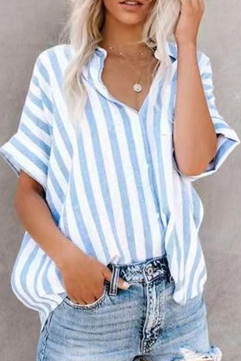 EM | Angela – Lässige gestreifte Patchwork-Tops mit Umlegekragen