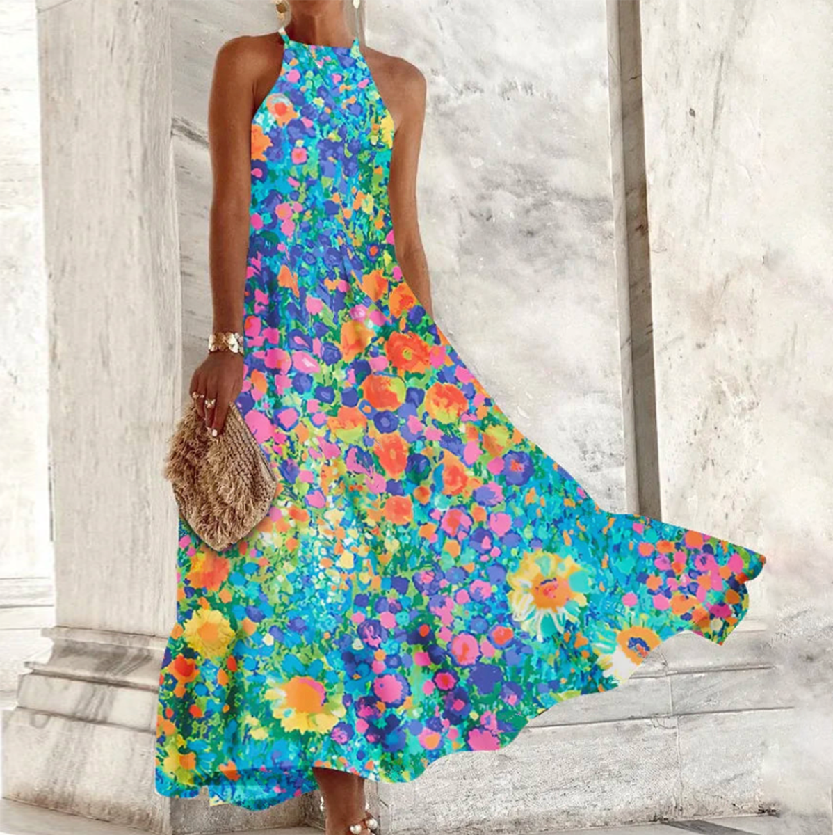 EM | Hanna – Blaues, ärmelloses Maxikleid mit Neckholder