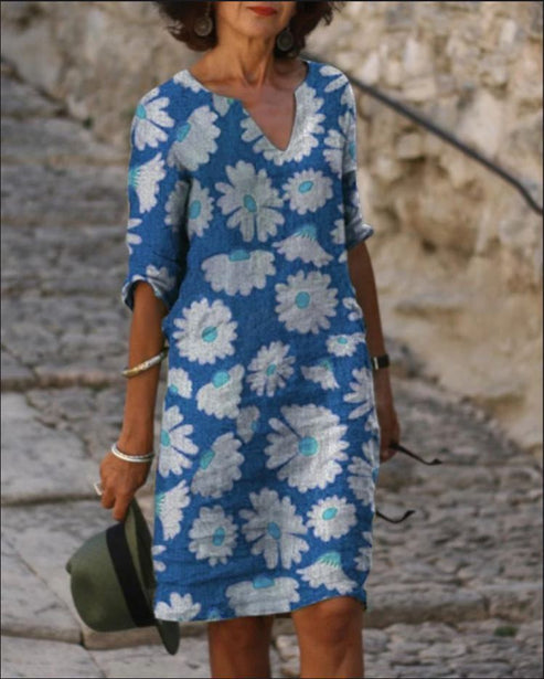 EM | Vintage-Midikleid mit V-Ausschnitt und halben Ärmeln