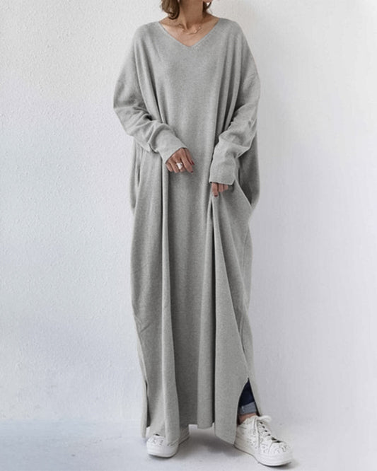 MW | stylisches langärmeliges Maxikleid mit V-Ausschnitt für den Alltag