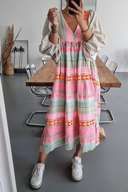 MW | Whisked Away Geometrische Farbe Block gedruckt A-Linie Midi Kleid