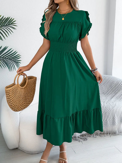 MW | Gesmoktes Midikleid mit Rundhalsausschnitt und Rüschen