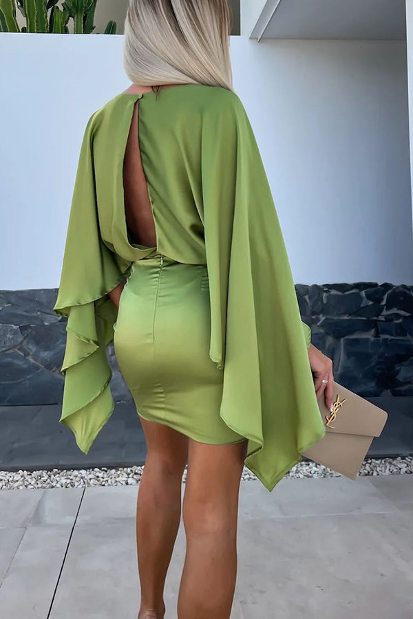 MW | Schöne Flügel Satin Schmetterling Ärmel Elastische Taille Formales Minikleid