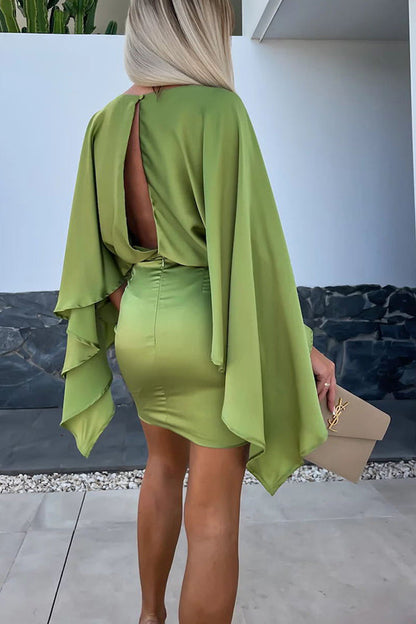 MW | Schöne Flügel Satin Schmetterling Ärmel Elastische Taille Formales Minikleid