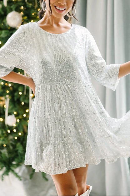 MW | Silbrige Party Pailletten Halbe Ärmel Rundhalsausschnitt Minikleid