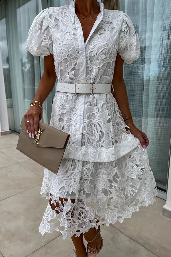 MW | Absolut Elegant Floral Crochet Lace Puff Sleeve Belted Shirt Midi Dress
