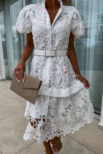 MW | Absolut Elegant Floral Crochet Lace Puff Sleeve Belted Shirt Midi Dress