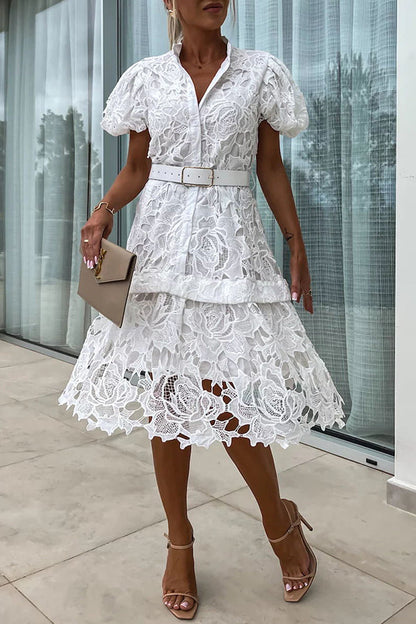 MW | Absolut Elegant Floral Crochet Lace Puff Sleeve Belted Shirt Midi Dress