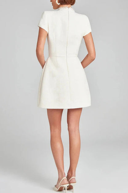 MW | Exquisite und verspielte Tweed Stoff Perlenbesatz kurze Ärmel Pocketed Mini Kleid