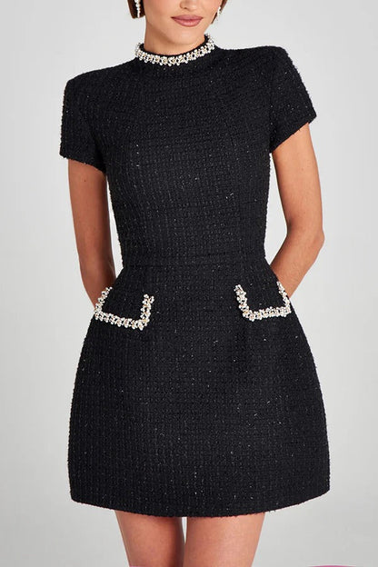 MW | Exquisite und verspielte Tweed Stoff Perlenbesatz kurze Ärmel Pocketed Mini Kleid