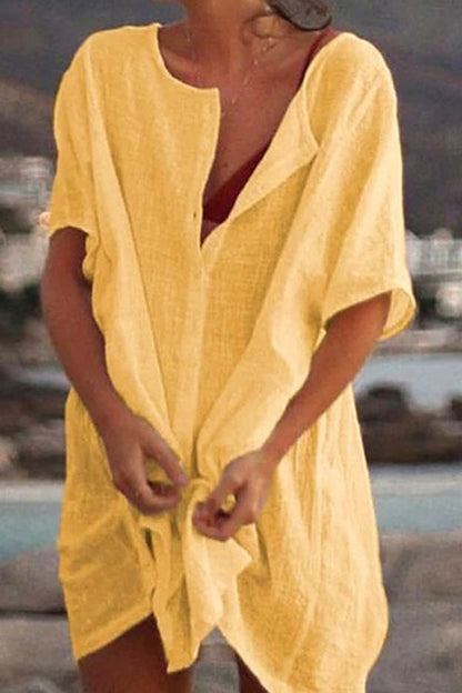 MW | Lose solide Farbe kurzärmeliges Shirt Kleid Strand Sonnenschutz Kleidung
