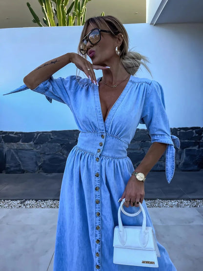 MW | stylisches lässiges Maxikleid mit Knöpfen in Blau