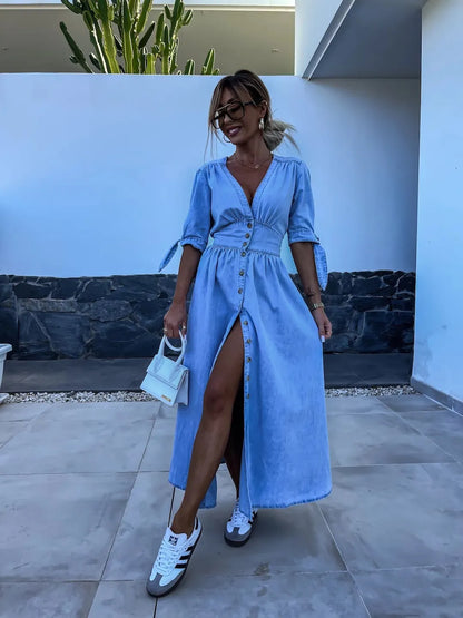 MW | stylisches lässiges Maxikleid mit Knöpfen in Blau