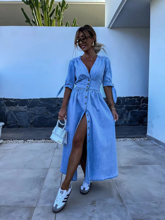 MW | stylisches lässiges Maxikleid mit Knöpfen in Blau