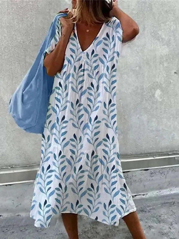 EM | Boho-Strandkleid für Frauen Sommerkleid mit V-Ausschnitt und kurzen Ärmeln mit Blumenmuster