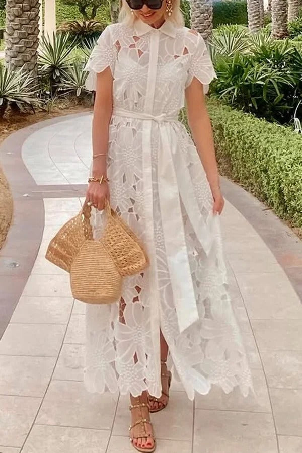 MW | Dubai Style Floral Crochet Lace Short Sleeve Tie-up Shirt Maxi Dress