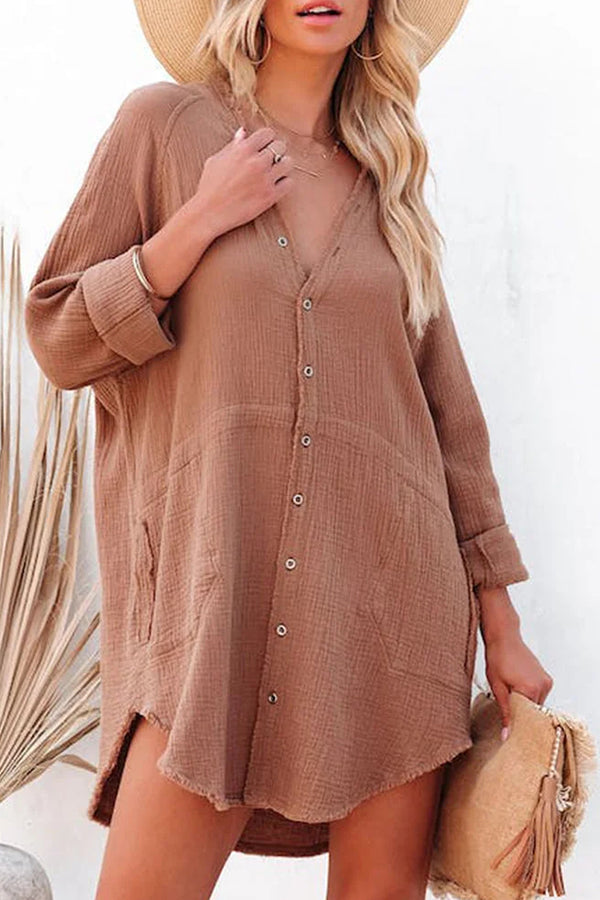 MW | Loose Mid-length Jacket Casual Solid Color Shirt Mini Dress