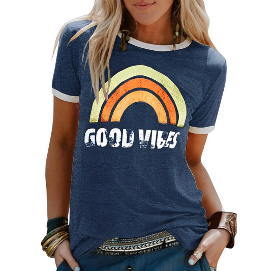 EM | Elegantes Retro-Regenbogen-Good-Vibes-T-Shirt