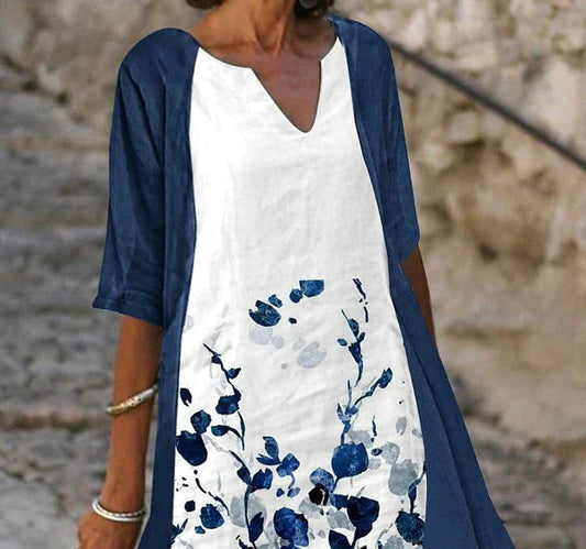 EM | Linda – Zweiteiliges Midikleid mit blauem Blumendruck und eleganten Halbärmeln