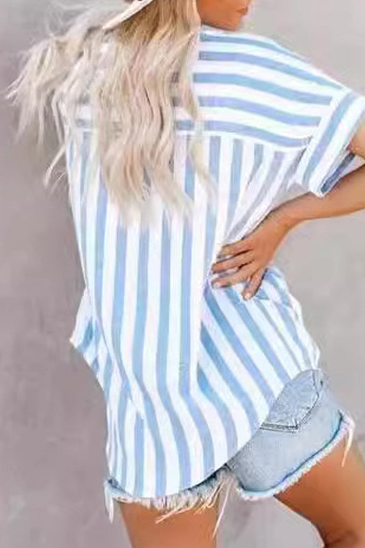 EM | Angela – Lässige gestreifte Patchwork-Tops mit Umlegekragen