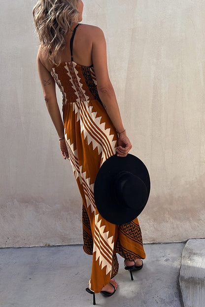 MW | Always Falling Satin Ethnic Print Smocked Back Midi Kleid