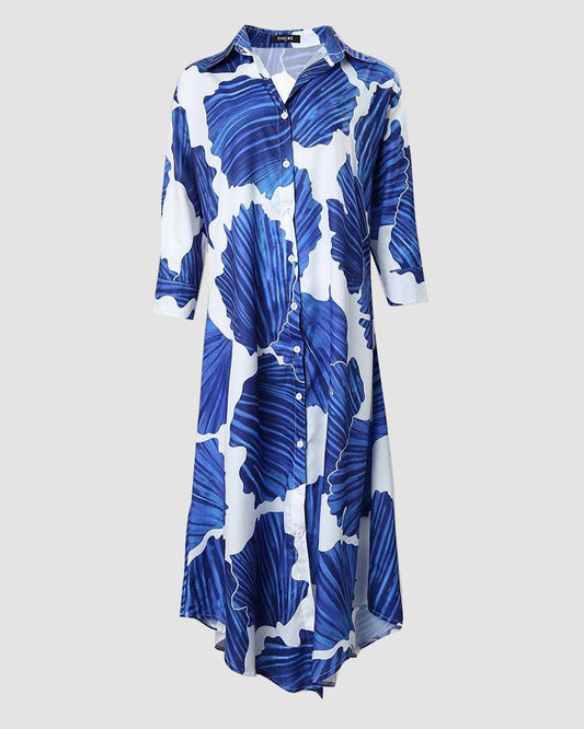 MW | Button Down Shirt Kleid Sommer V-Ausschnitt 3/4 Ärmel lässig lockere Kleider