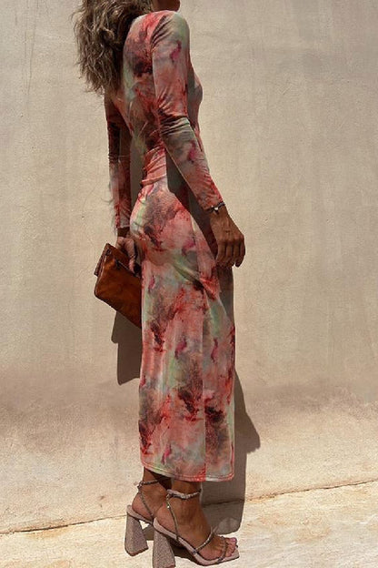 MW | Charm Lady Mesh Overlay Tie Dye Print Langarm geraffte Stretch Midi Kleid
