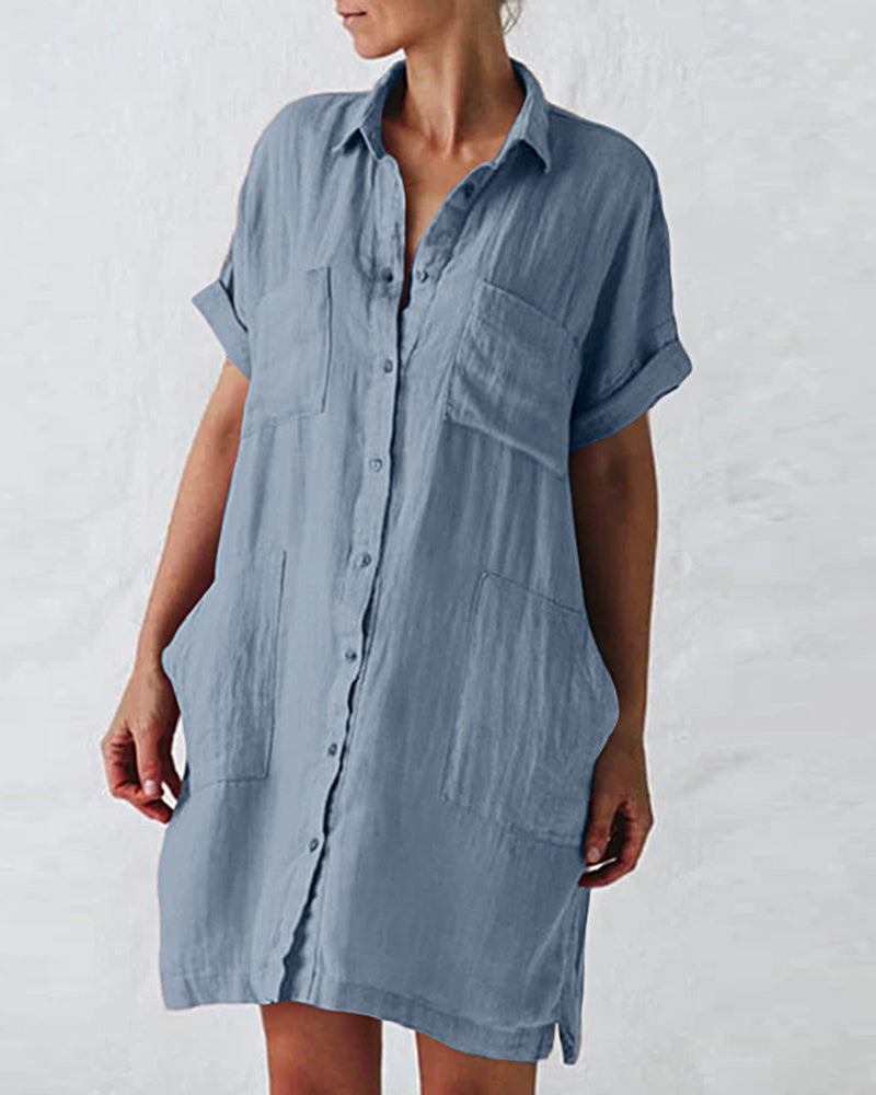 MW | Button Down Long Sleeve V Neck Plain Oversized Dresses Slim Beach Vacation Shirt Dress