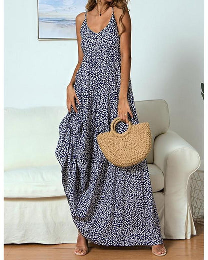 MW | Trägerkleid Maxikleid langes Kleid ärmelloses Print Hot Rot Marineblau S M L XL