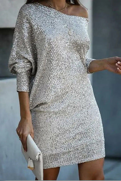 MW | Solid Pailletten Off-shoulder Lose Mini Kleid