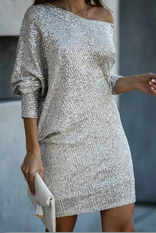 MW | Solid Pailletten Off-shoulder Lose Mini Kleid