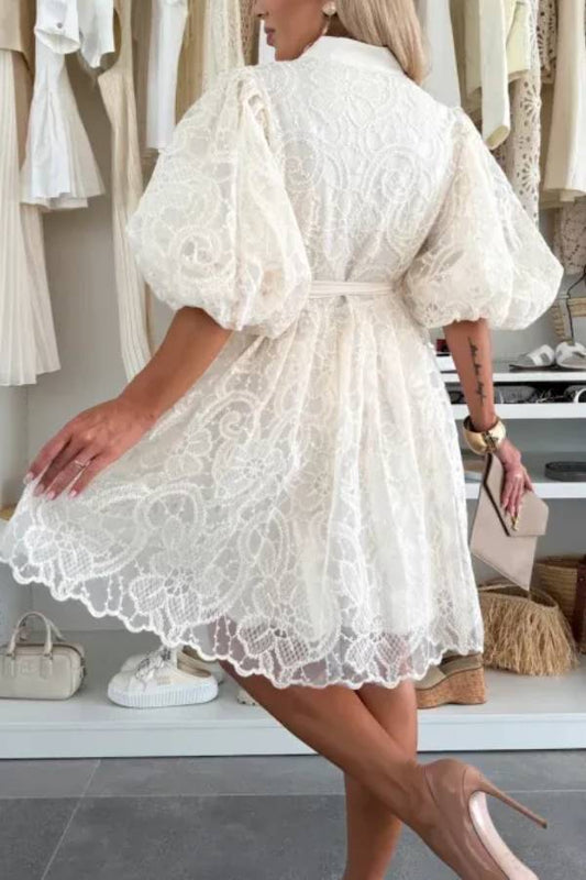 MW | Sommer Romantik Stickerei Spitze Puffärmel Knopf Krawatte Mini Kleid