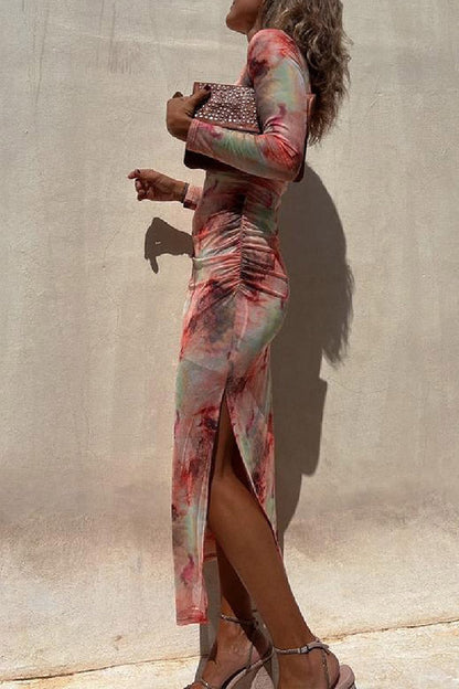 MW | Charm Lady Mesh Overlay Tie Dye Print Langarm geraffte Stretch Midi Kleid
