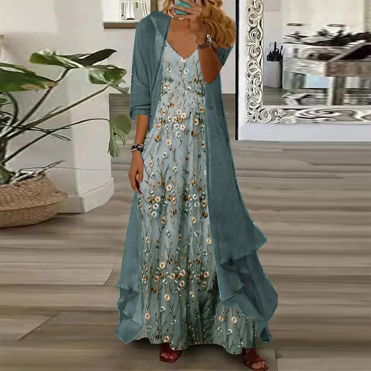 EM | Jugendliches Ditsy Floral Print Maxikleid mit dünner Jacke Zweiteilige Outfits