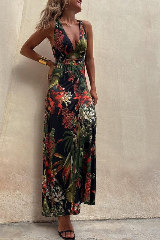 MW | RAINFOREST PARADISE TROPISCHEN DRUCK AUSSCHNITT ZURÜCK CROSSOVER STRETCH MAXI KLEID