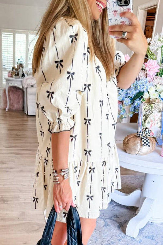 MW | Beige Niedliche Bowknot bedruckte Blase Ärmel V-Ausschnitt Minikleid