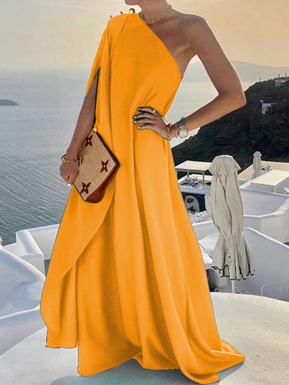 MW | Solide Farbe Lose Ein-Schulter-Maxi-Kleid