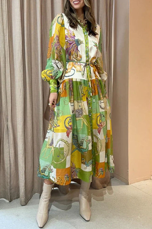 MW | Dragon Family Bedruckte Ballon Ärmel Leichtes Shirt Midi Kleid