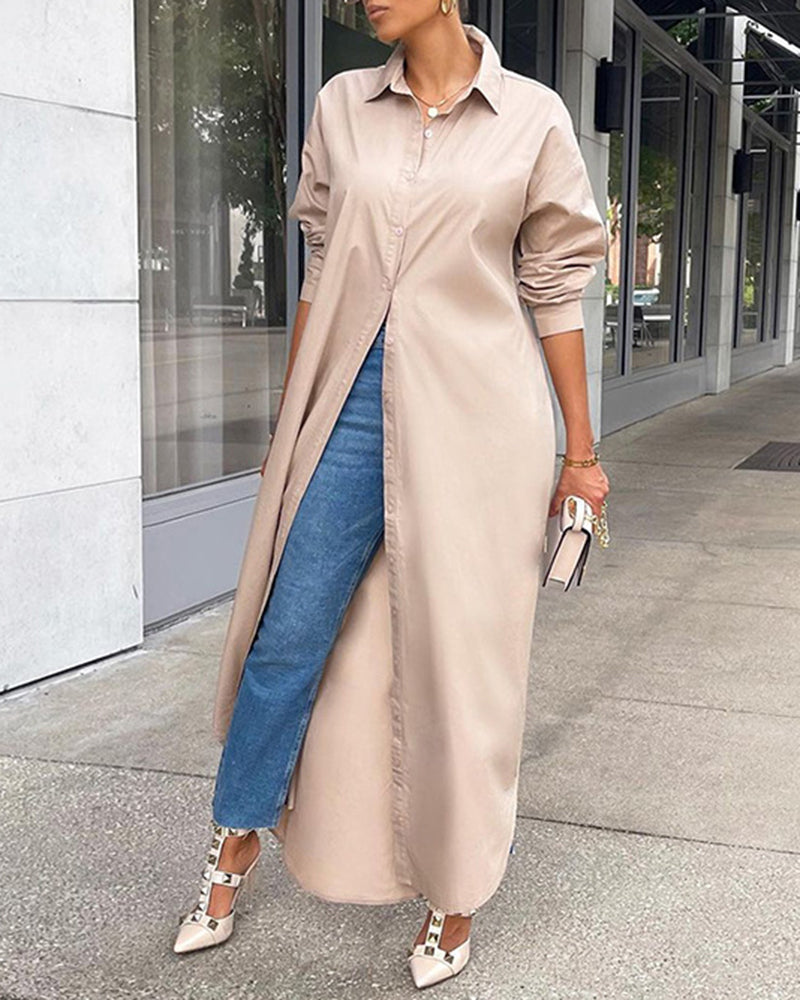 MW | Button Down Maxi Shirts Kleid Langarm Kragen V Hals Kaftan Lose Langes Kleid Mantel