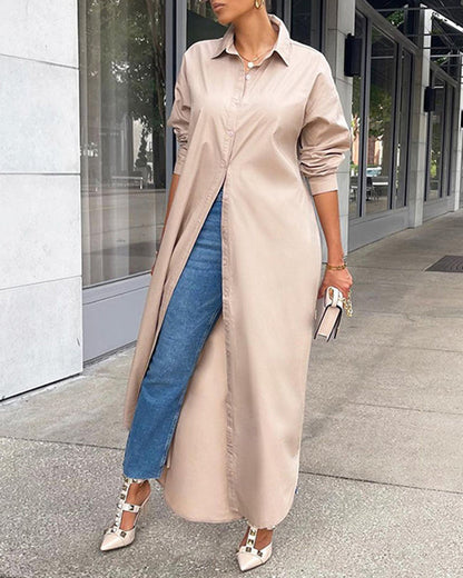 MW | Button Down Maxi Shirts Kleid Langarm Kragen V Hals Kaftan Lose Langes Kleid Mantel