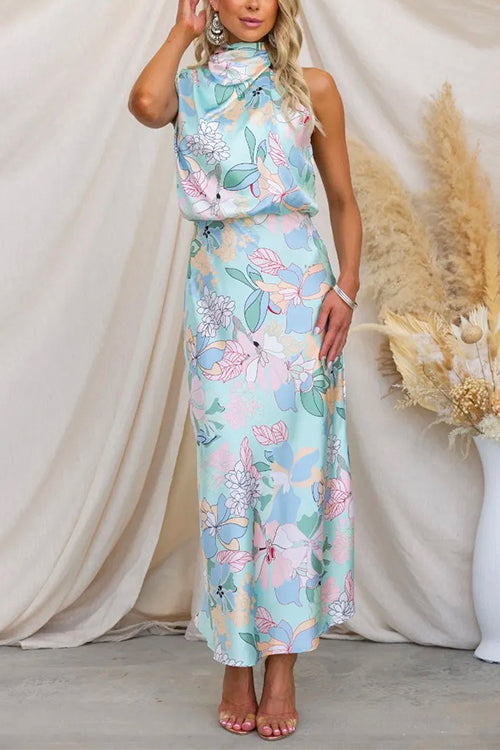 MW | Regular Tailliertes Maxikleid aus Satin mit Blumenmuster