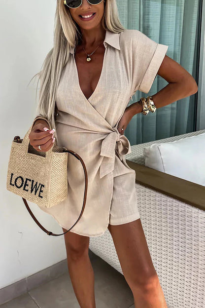 MW | Entspannende Strand Leinenmischung Solide Farbe Wrap Lose Shirt Romper